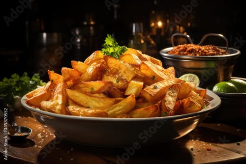 Close up chips. fries in the wooden bowl on the dark concrete table., generative IA
