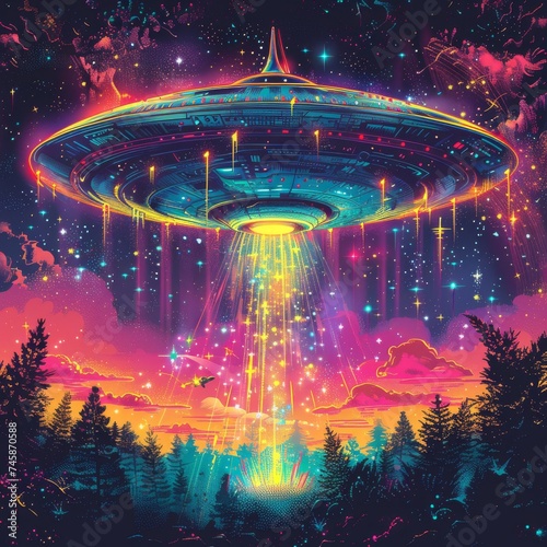 Psychedelic 80s style galaxy scene featuring a shimmering UFO with radiant sparkles bold neon colors