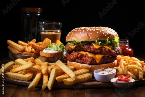 Fast food concept with greasy fried restaurant such as onion rings, hamburger, fri, generative IA