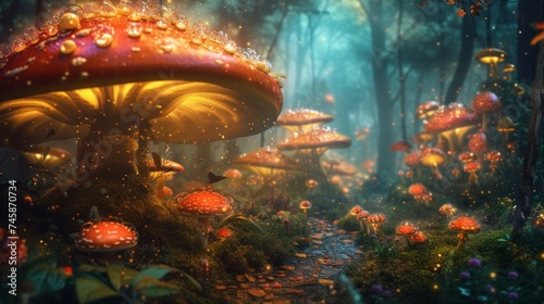 A fantastical forest setting adorned with colorful mushrooms and glowing lights, evoking a sense of wonder and whimsy