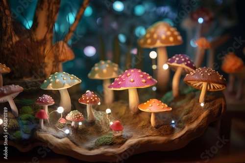 An imaginative scene of a magic mushroom forest  featuring vibrant mushrooms and glowing lights  creating an enchanting ambiance