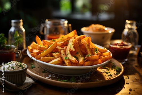 Delicious hot chips with red sauce served on the table, generative IA