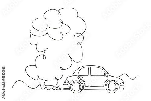 Continuous one line drawing Air pollution from cars exhaust can damage the ozone layer. Protects the earth s ozone layer from perforating. The air remains healthy. world ozone minimalist concept.