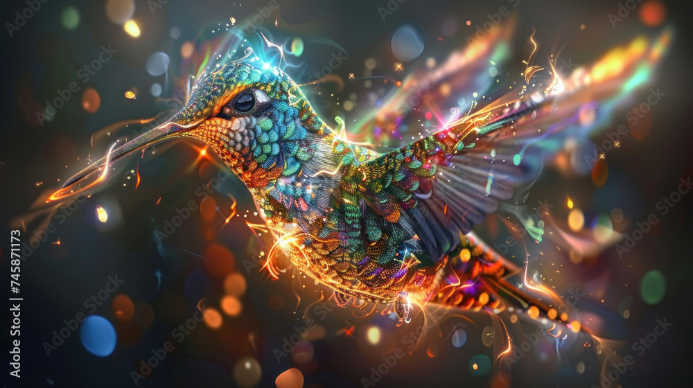 Fototapeta premium Magic glowing glittering multi-colored hummingbird made of sparkles