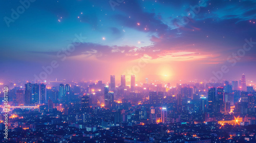 A panoramic view of a modern city skyline at twilight.