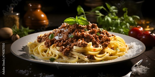 Delicious Homemade Pasta with Rich Bolognese Sauce and Grated Parmesan Cheese. Concept Italian Cuisine, Pasta Recipe, Bolognese Sauce, Parmesan Cheese, Homemade Cooking
