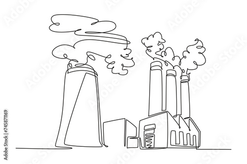 Continuous one line drawing of Air pollution caused by factory smoke. Protects the earth's ozone layer from perforating. The air remains healthy. world ozone minimalist concept.