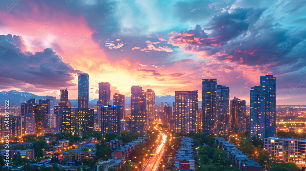 Obraz premium A panoramic view of a modern city skyline at twilight.