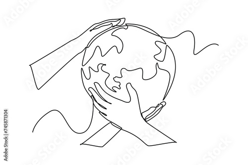 Continuous one line drawing of hand protect earth ozone layer. Protects the earth's ozone layer from perforating. The air remains healthy. world ozone minimalist concept.