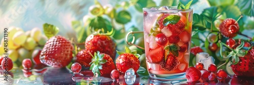 Glass of summer refreshing drink with ice, summer holidays and fun, banner