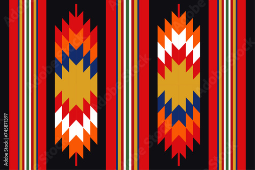 Ethnic fabric pattern, black, red, yellow, blue, orange, geometric design for textiles and clothing, blankets, rugs, blankets, vector illustration.