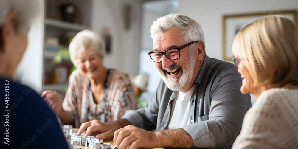 Elderly residents enjoying a card game laughing together in communal ...