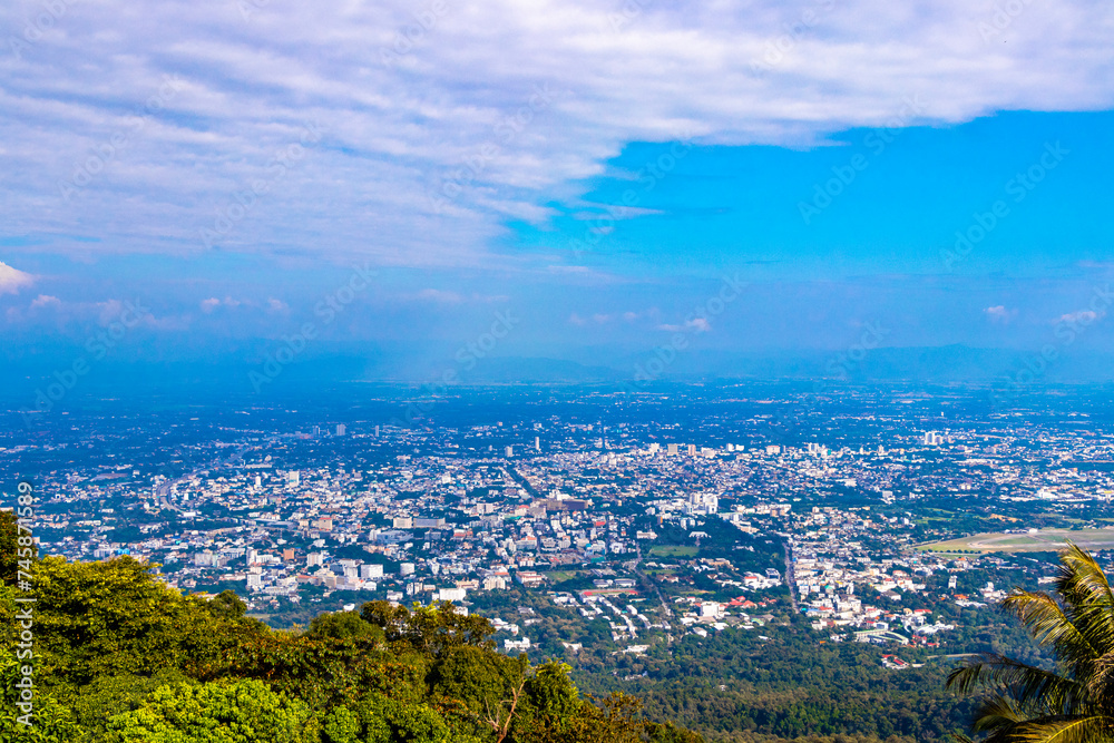 Panoramic view of city and tropical jungle Chiang Mai Thailand.