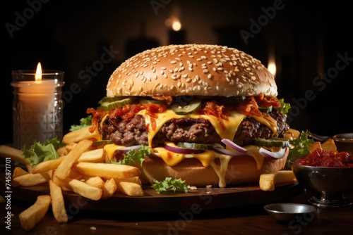 Large hamburger with chips on the wooden plate on the marble surface  generative IA