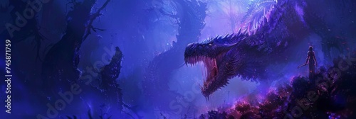 Digital painting of dragon confronting a person - An epic digital art depicts a massive dragon facing off against a solitary human in a mystical land photo