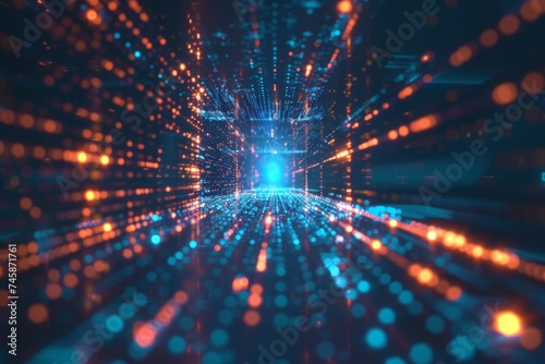 Digital data stream in a futuristic tunnel - High-resolution 3D illustration of a cyber tunnel with a dynamic array of glowing data points and geometric lines
