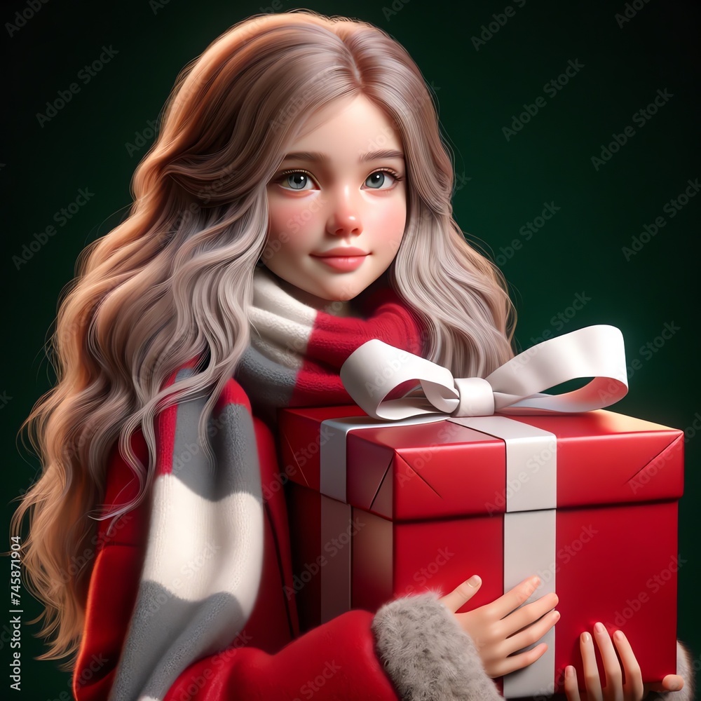 3D Young Girl Holding a Large Christmas present 3D Young Girl Holding a Large Christmas present