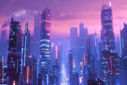 Futuristic city silhouette against pink sky - A breathtaking cyberpunk landscape depicting a futuristic cityscape silhouetted against a vibrant pink twilight sky