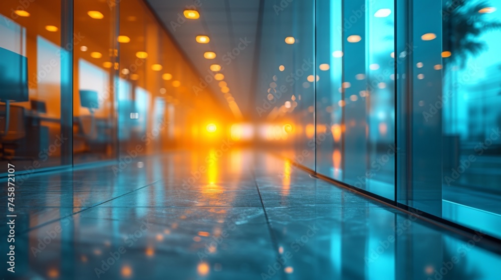 Vibrant reflections and warm glow in a modern office corridor during evening hours Vibrant reflections and warm glow in a modern office corridor during evening hours