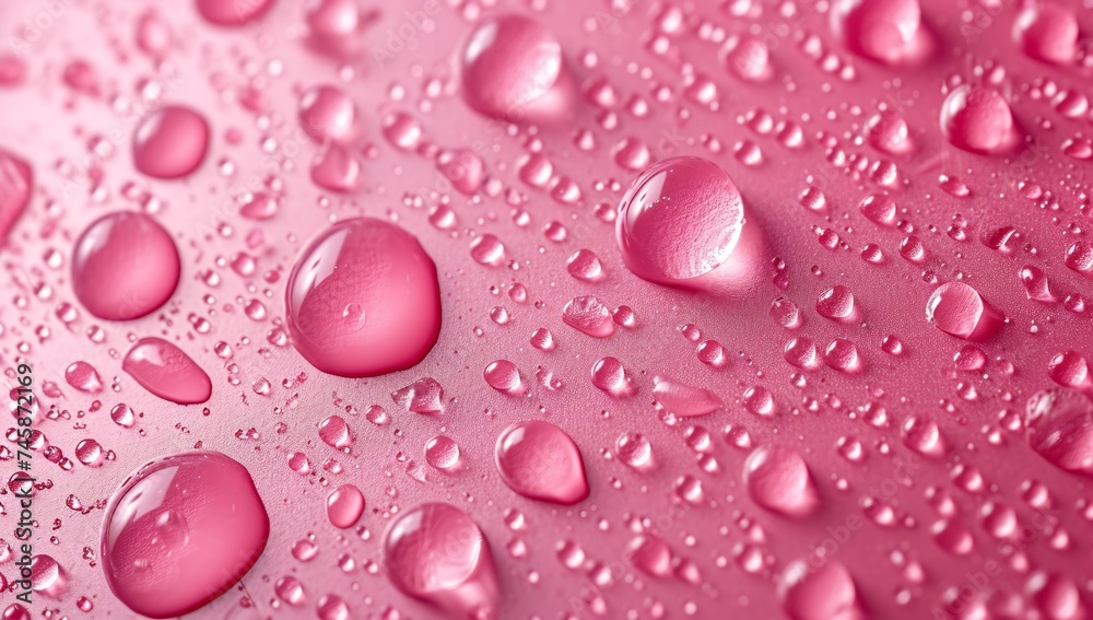 Close-up of pink water droplets beautifully arranged on a smooth, glassy surface
