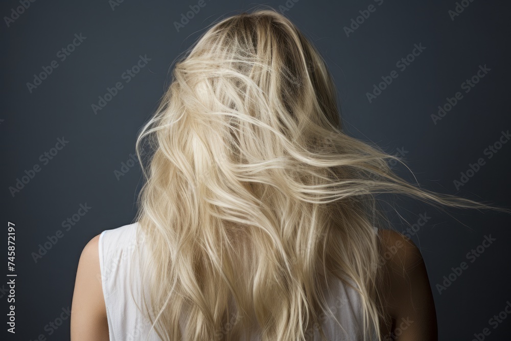 Fototapeta premium Rear view of a girl with flowing long blonde hair, care and hair care concept