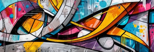 Graffiti art mural with geometric shapes - A dynamic and colorful graffiti wall featuring abstract geometric shapes and patterns, showcasing urban street art photo