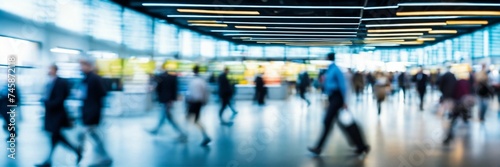 blurred business people walking at a trade fair, conference or walking in a modern hall, motion speed blur, wide panoramic banner, high quality photo,