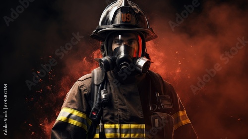 Heroic firefighter in action pose with equipment - A brave firefighter stands ready for action against a backdrop of fiery particles, depicting courage and danger