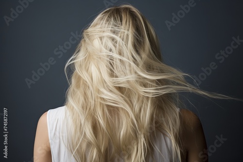 Rear view of a girl with flowing long blonde hair, care and hair care concept