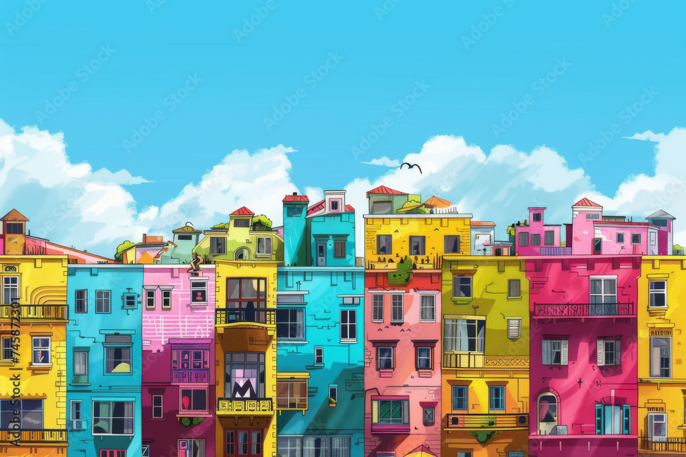 Cartoon of city with colorful buildings.