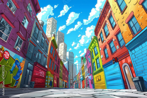 Cartoon of city with colorful buildings.