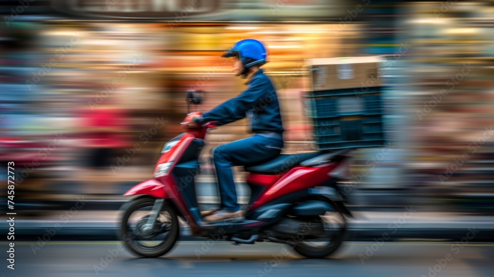 Motion blur captures a delivery person in uniform riding a red scooter through the city streets. Motion blur captures a delivery person in uniform riding a red scooter through the city streets.