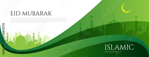 islamic banner background with green wavy shapes and mosque silhouette. greet for eid mubarak celebration, ramadan kareem, muharram and other islamic holiday. vector illustration