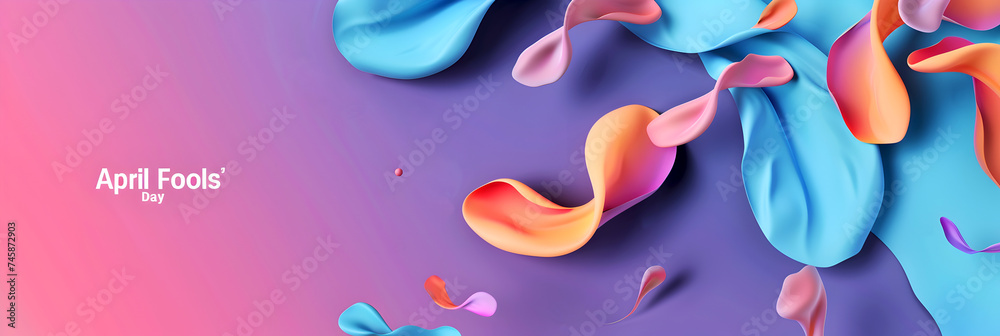 Colorful abstract April Fool's Day background with fluid shapes. April 1st celebration playful banner design. Creative joke day backdrop with dynamic liquid forms. Prank day banner, copy space - obrazy, fototapety, plakaty 