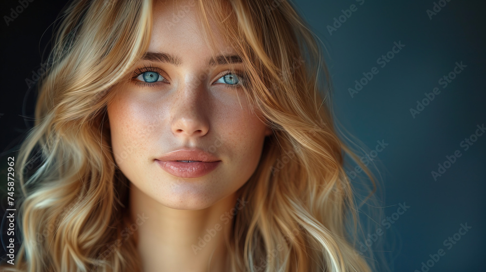 Close-up Portrait of a pretty model blonde girl with freckles Close-up Portrait of a pretty model blonde girl with freckles