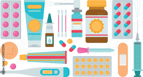 Medicine, pharmacy, hospital set of drugs Medication, pharmaceutics concept. Vector illustration