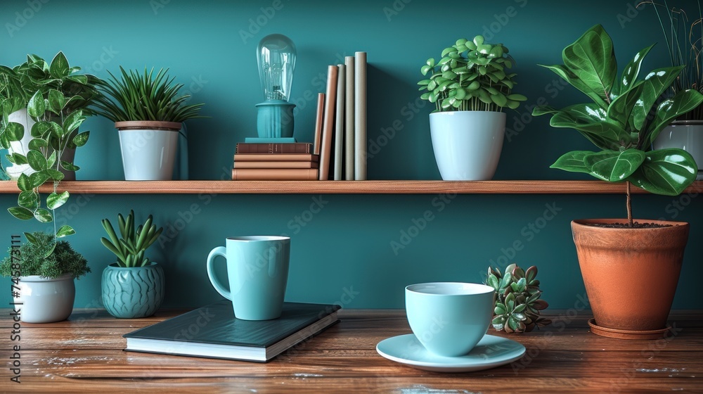 Serene Morning: A Cozy Shelf with Plants, Books, and Coffee Serene Morning: A Cozy Shelf with Plants, Books, and Coffee