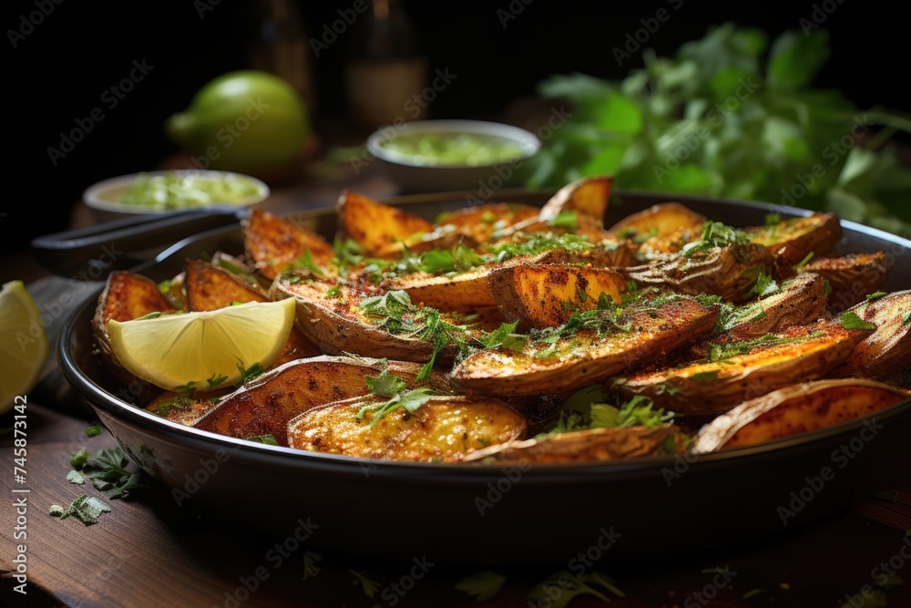 Ruddy Baked potato wedges with herbs. flat posture. View of the top., generative IA - obrazy, fototapety, plakaty 