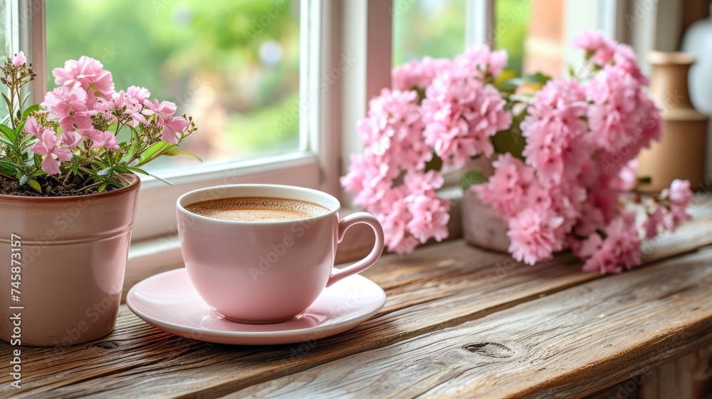 Morning Serenity: A Warm Coffee Amidst Blooming Flowers Morning Serenity: A Warm Coffee Amidst Blooming Flowers