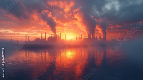 Mystic Industrial Dawn: A Hazy Glimpse of a Silent Factory by the Calm Waters