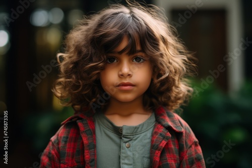 Portrait of a little girl with curly hair in a plaid shirt