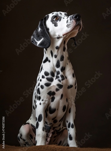 An adorable Dalmatian dog poised and looking upwards with a curious and engaging expression  highlighting its unique spots