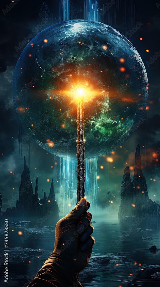 Illustration of hand of a man holding up a magic torch in a fantasy land - obrazy, fototapety, plakaty 