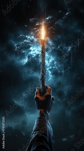 Illustration of hand of a man holding up a magic torch in a fantasy land © HC FOTOSTUDIO