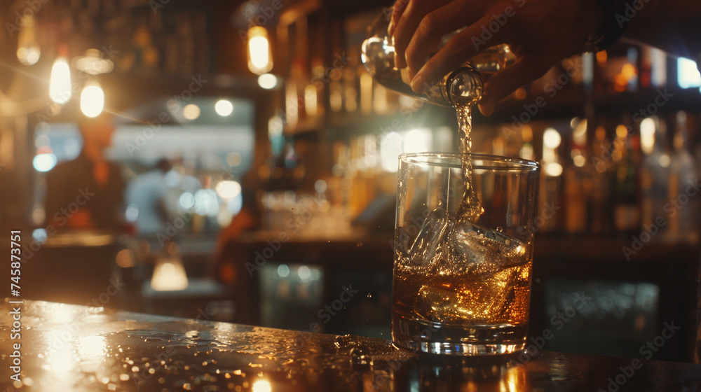 A snapshot of a man pouring vodka into a glass behind the bar, the pub alive with the chatter of patrons enjoying their evening drinks.