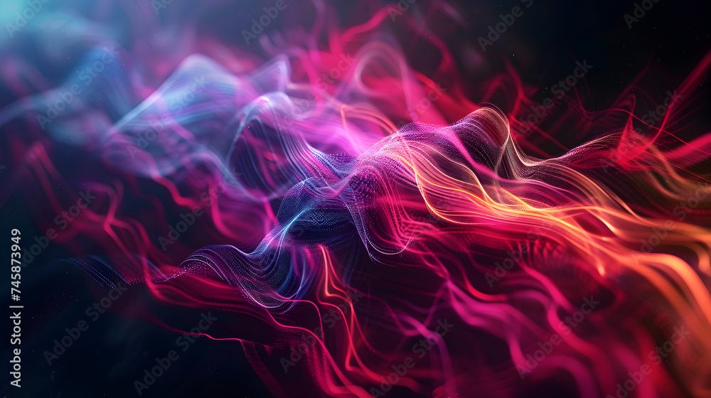 Generate an abstract illustration of colorful radio frequency waves pulsating against a dark background.
