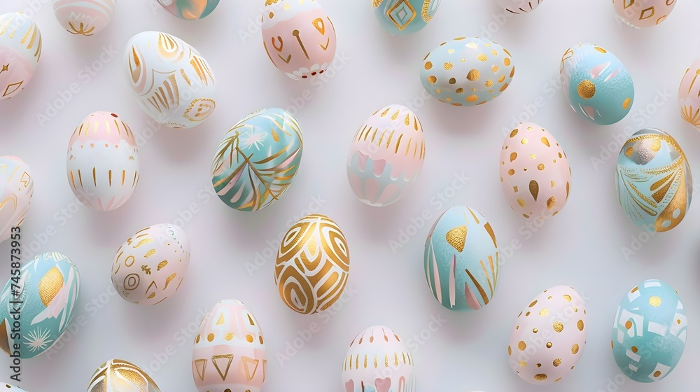 pastel colors and gold Easter eggs hand painted folklore pattern flat lay, minimalist