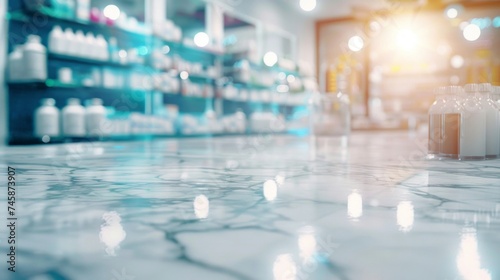 Modern pharmacy shelves filled with products reflected on a shiny marble floor under bright fluorescent lights.