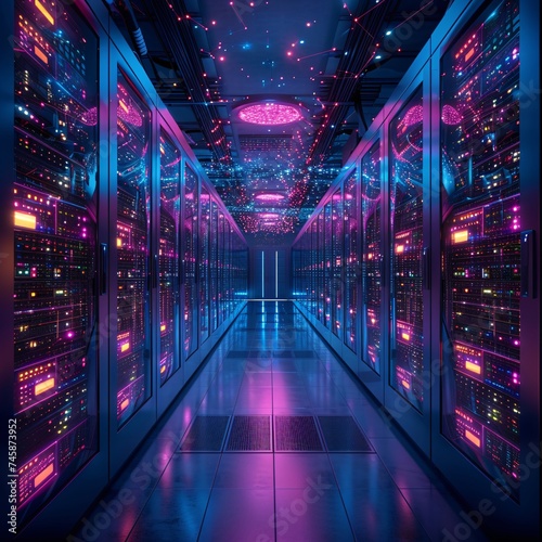 A high-tech data center illuminated with neon lights, conveying advanced technology and cyber security concepts