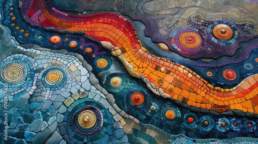  A detailed mosaic wall featuring spiraling patterns and a vivid spectrum of colors, suggesting fluid motion